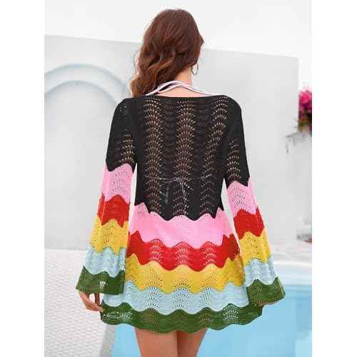BB&KK Womens Crochet Swimsuit Cover Up Long Sleeve Summer Bathing Suit Color Block Bikini Mesh Knit Swimwear Beach Dress 2025