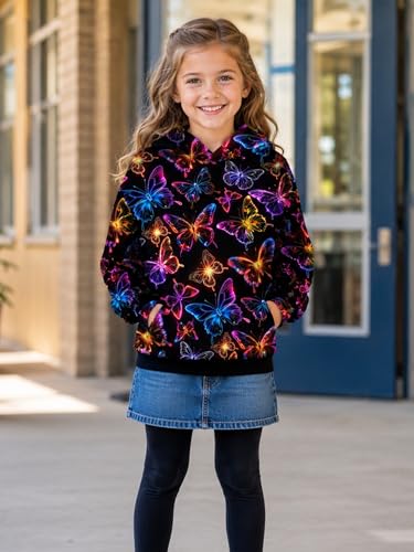 Girls Neon Butterfly Graphic Hoodie, Long Sleeve Hooded Sweatshirt 9-12 Years