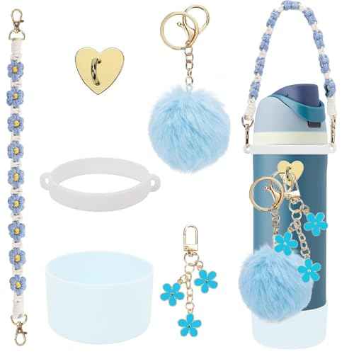 6Pcs Cup Accessories Set for Owala Water Bottle 24oz, 1Pcs Water Bottle Handle Strap, 1Pcs Siliocne Cup Boot, 3Pcs Charms for Owala Kids, Owala Coffee Tumbler, Owala FreeSip-Blue