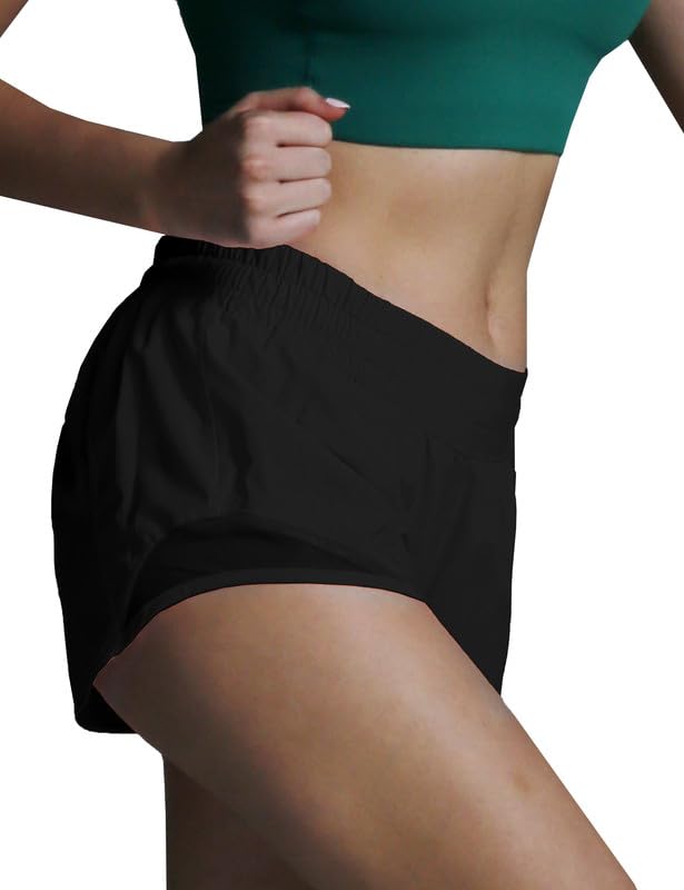 AugIris Athletic Running Shorts for Women with Zipper Pocket Soft Gym Workout Shorts with Mesh Liner Qucky Dry Black S