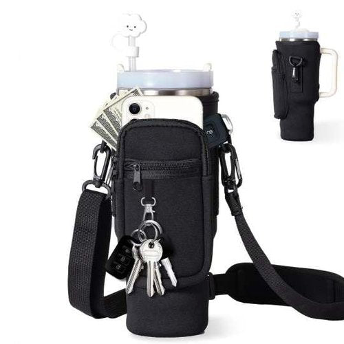 Copahue Water Bottle Carrier Bag with Phone Pocket for Stanley 40/30 oz Tumbler Neoprene Water Bottle Holder Pouch with Adjustable Strap (Black)