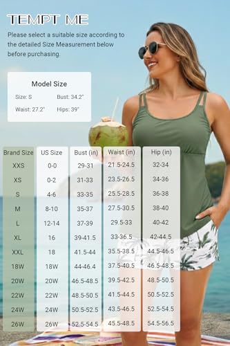 Women’s Two Piece Tankini Swimsuit with Tummy Control and Shorts - Green Leaves, Large