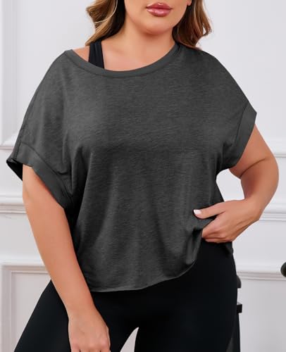 Plus Size Open Back Workout Top - Dark Grey XL Women's Athletic Shirt