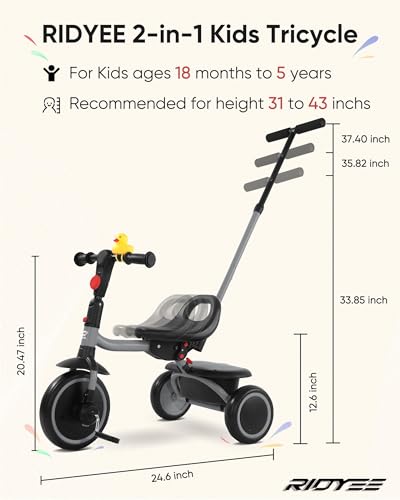 RIDYEE Foldable Toddler Tricycle with Push Handle - Grey