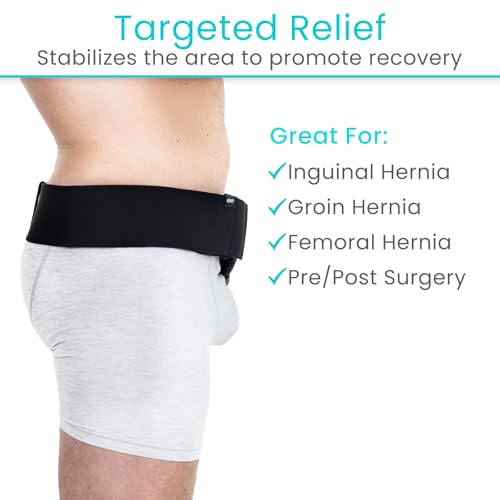 Vive Inguinal Hernia Belt for Men & Women - Left or Right Groin Support Truss for Targeted Compression, Pain Relief, Comfort, Pre & Post Surgery, Injury Recovery - 3 Removable Pressure Pads and Splint (Black)