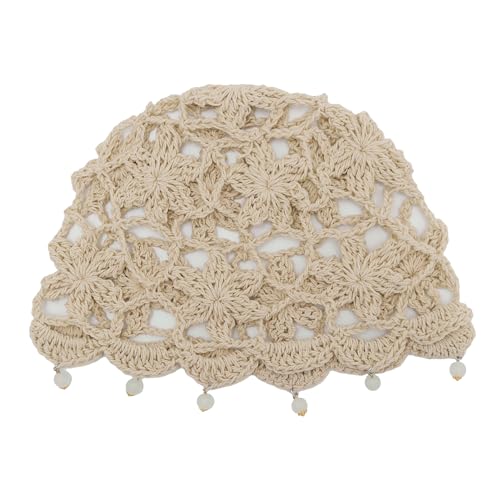Women Cotton Crochet Skull Cap Beanie Hat - One Size Beige Beads Variation