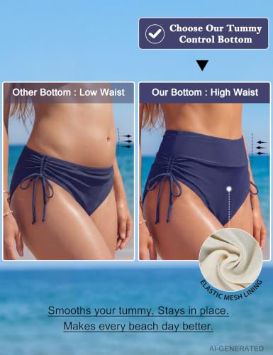 High Waisted Bikini Bottoms for Women - Full Coverage, Tummy Control - Medium Dark Blue