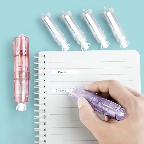 White Retractable Correction Tapes, 2 Cute Pre-Loaded Correctors with 4 Refills, Pull-Out Pen-Shaped Applicator, Anti-Break Tape for Office Supplies (Transparent, Green)