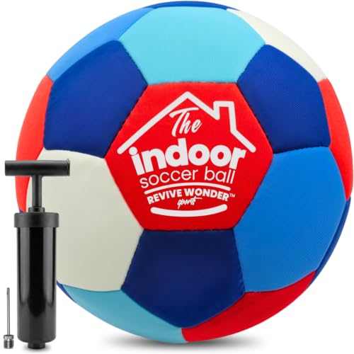 Indoor Soccer Ball Size 4 - Soft Padded, High Visibility, Pump Included - Red White Blue Variation