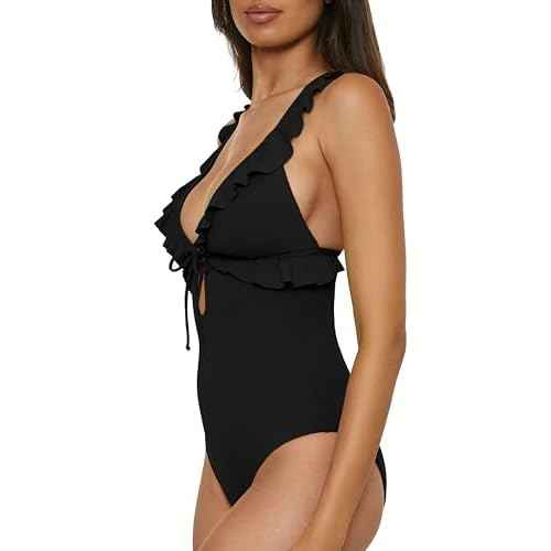 Lucky Brand Women's Sea of Love Ruffle One Piece Swimsuit, Plunge Neck, Bathing Suits