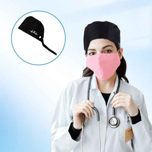 Scrub Caps Women, Adjustable Working Caps with Button & Sweatband, Nurse Caps for Women, Bouffant Cap with Buttons for Women Men, 1Pcs Black