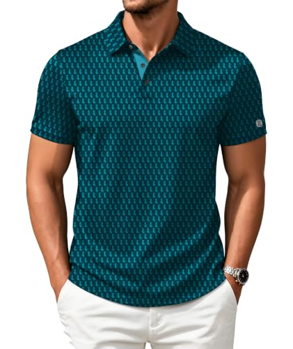 Men's Golf Polo Shirt Short Sleeve Moisture Wicking Print XL Blue Green Seahorse