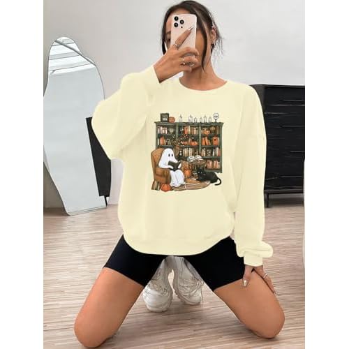 KIDDAD Halloween Sweatshirt for Women Ghosts Reading Books Graphic Long Sleeve Sweater Cute Spooky Bookish Shirts