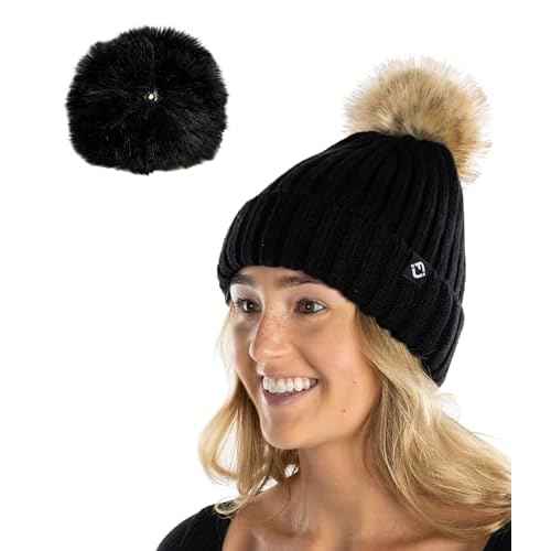 Funky Junque Women¡¯s Winter Detachable Pom Beanie ? Warm Knit Hat with Removable Faux Fur Pom, Soft Stretch Acrylic Cozy Cap