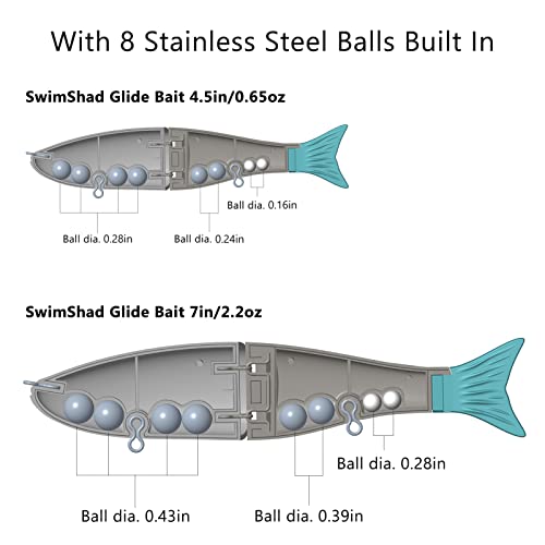 Bassdash 7-Inch Jointed Swimbait Set - White Shad, Threadfin, Blue Gold, 3-Pack