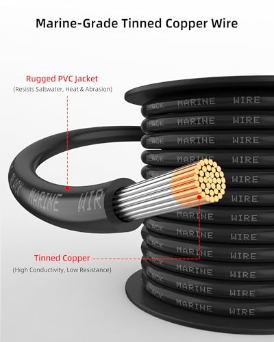 Marine-Grade Tinned Copper Wire 12 Gauge, 15 FT Black & Red - Waterproof Marine Cable