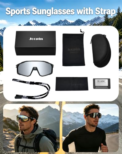 Joopin Oversized Sports Sunglasses with Strap Polarized UV Protection Black Frame Silver Mirrored Lens
