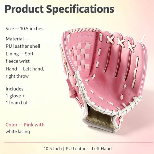 Kids Youth Adult Baseball Glove 10.5'' Softball Mitt Left/Right Hand Pink
