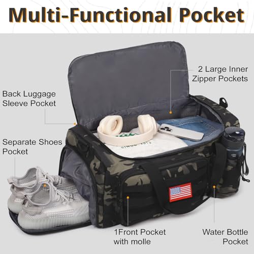Camo Black Tactical Gym Bag 40L with Shoes Compartment - Men’s Travel Duffle
