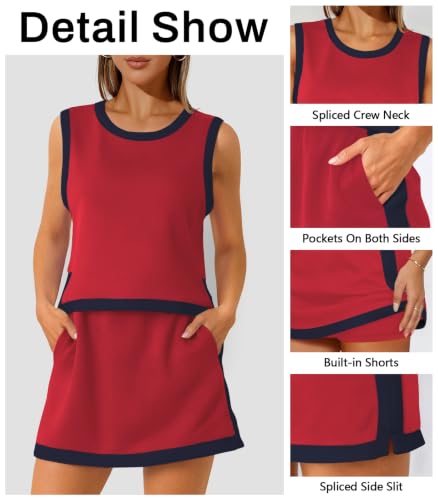 Women's Tennis Skirt Set - 2 Piece Athletic Outfit with Shorts, Medium, Wine Red & Navy Blue