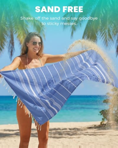 Antfuny Thin Blue Turkish Beach Towel 72x36 Inch Sand-Free Quick-Dry Pool Mat