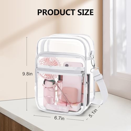 Large Clear Crossbody Bag with Adjustable Strap - White, Stadium Approved