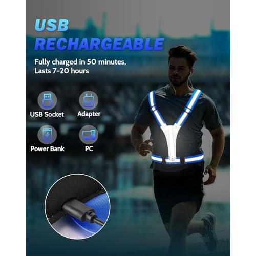 LED Reflective Running Vest with Phone Holder, Rechargeable 5 Colors Light Up Running Lights for Runners High Visibility Night Safety Gear, Adjustable for Men and Women