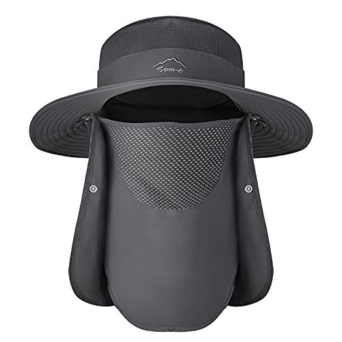 Dark Grey Waterproof Sun Hat with UPF 50+ Face Cover & Neck Flap - Men Women Bucket Hat