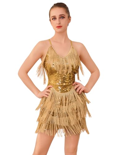Gold Sequin Fringe Dress for Women Sparkly Latin Dance Costume X-Small