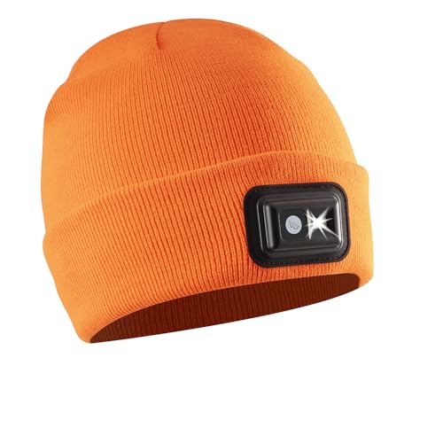 POWERCAP LED Hat Light 150 Lumens Rechargeable Fleece Beanie with Bright Built-in Headlamp Waterproof LED Warm One Size Cap (US, Alpha, One Size, Blaze Orange Knit)
