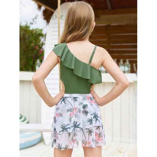 Haloumoning Girls One Piece Swimsuits with Mesh Skirt Ruffle One Shoulder Cut Out Bathing Suit Swimwear 5-14Y