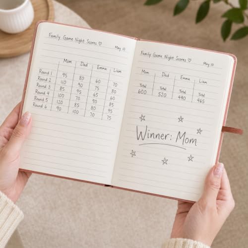 Personalized Game Night Score Book with Family Name - Faux Leather A5 Notebook for Board Games Lovers - Customizable, Compact, Perfect Gift
