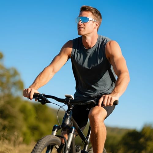 Sports Sunglasses for Men Women Running Cycling UV400 Mirror Lenses 75mm - Black/Blue