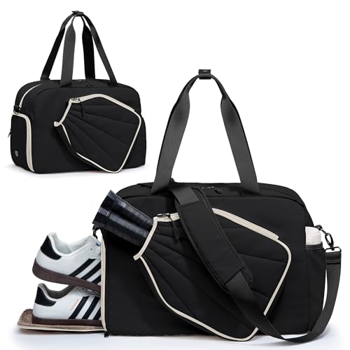 Black Pickleball Tote Bag with Paddle Pocket Shoe Compartment & Detachable Strap