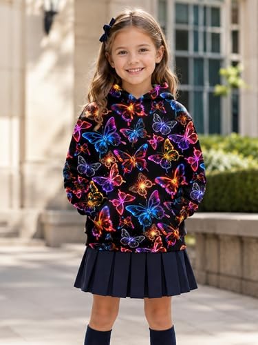 Girls Neon Butterfly Graphic Hoodie, Long Sleeve Hooded Sweatshirt 9-12 Years