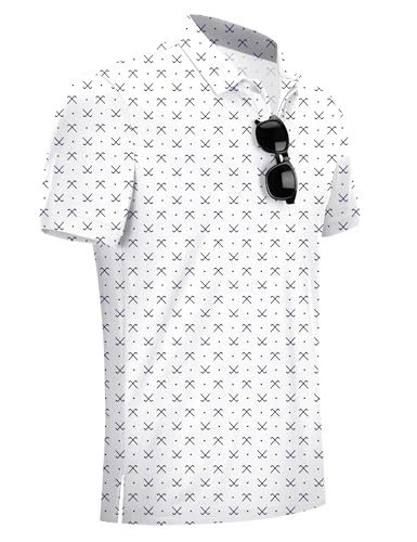 Poriff Men's Short Sleeve Golf Polo Shirt Dry Fit Moisture Wicking Top - White, Large