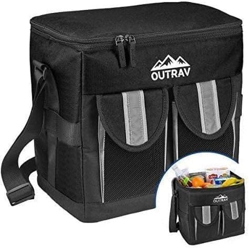 Black Padded Insulated Cooler – 30 Can Capacity - Soft Collapsible Leak Proof Tote for Camping, Picnics and Travel – Large Main Compartment, 2 Front Pouches, Handle and Shoulder Strap - Outrav