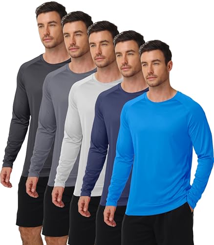 Men's Long Sleeve Shirts UPF 50+ Moisture-Wicking Activewear Pack Large - Sky Blue, Light Grey, Dark Blue, Black, Dark Grey