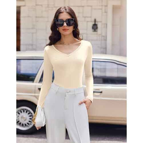Ekouaer Womens 3 Pack Long Sleeve Shirts V Neck Ribbed Slim Fit Basic Tops Thermal Undershirts Casual Tee XS-XXL