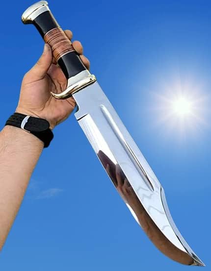 WARIVO KNIFE D2 18 Inches Large Crocodile Dundee Bowie Knife with Leather Sheath Big Survival Fixed Blade Knife with Leather and Horn Handle for Outdoor Camping Knives For Men