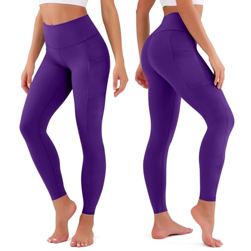 Full Length High Waisted Leggings for Women with Pockets, XX-Large, Purple - Buttery Soft Tummy Control Yoga Pants for Workout