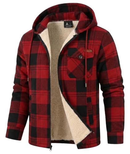 Mens Flannel Plaid Zip Up Hoodie Jacket Sherpa Lined Fleece - Large Black Red