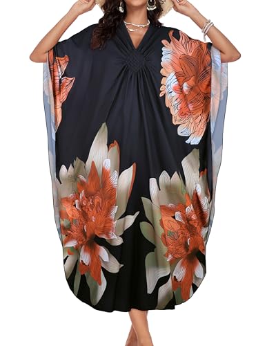 Kaftan Dresses for Women V Neck Caftans Batwing Sleeve Beach Cover Ups - Orange Green Floral
