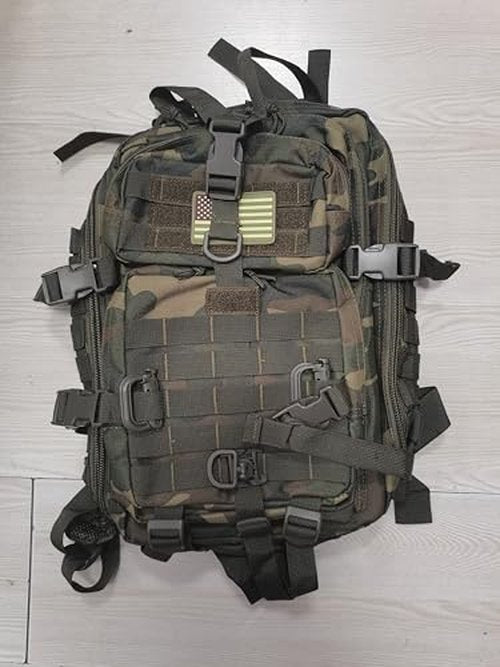 Hannibal Tactical 45L MOLLE Assault Backpack, Tactical Backpack Military Army Camping Rucksack with Bottle Holder, 3-Day Pack Trip w/USA Flag Patch, D-Rings, US Woodland