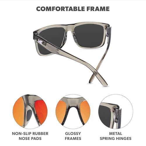 Polarized Sunglasses for Men & Women - Large Torrey Pines Style, UV400, Clear Grey / Red Sunset