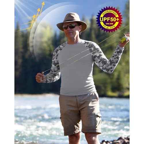 FISHEAL Long Sleeve Fishing Shirts for Men, UPF 50+ Camo Sun Protection Rash Guard, UV Shirt for Swimming Hunting Outdoor