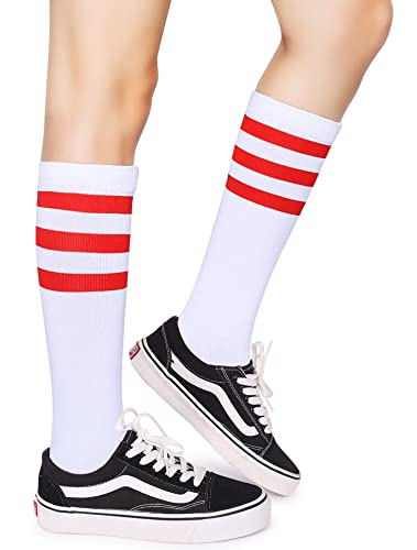 Henwarry Over the Calf Tube Socks - Classic Triple Stripes Cotton Retro Socks, One Size / A03-Red White