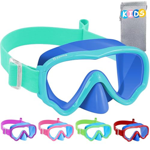 Kids Swim Goggles with Nose Cover, Fabric Strap No Leak, Blue Green / Vibrant