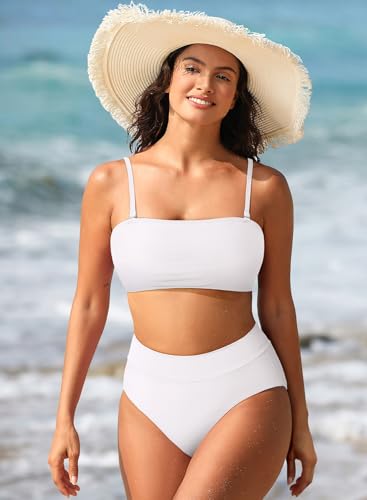 Pink Queen Women's High Waist Bikini Set Removable Strap Bandeau Swimsuit White Small