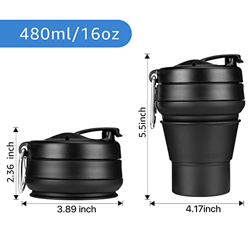Collapsible Coffee Cup, 16 OZ 480ml Silicone Travel Folding Cup, Leak Proof BPA Free Portable Cup, Travel mug with Lids for Camping hiking (16OZ)